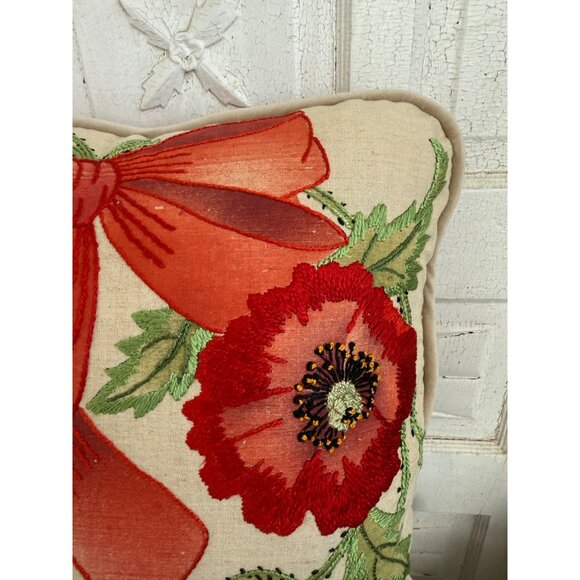 Vintage MCM Accent Pillow Linen Embroidered Red Poppy Flowers Bow 17x17" - Picture 5 of 11